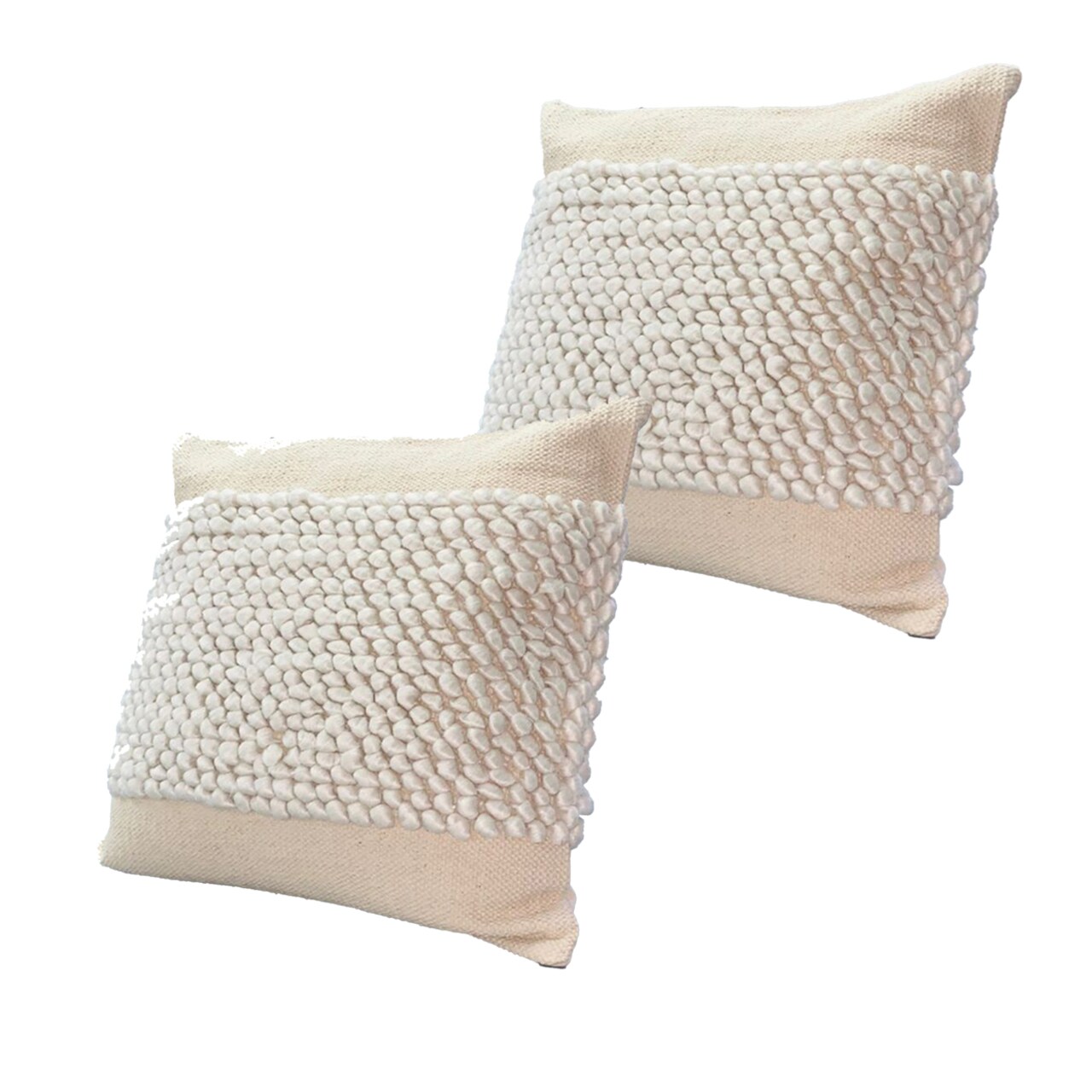 Saltoro Sherpi 20 x 20 Square Cotton Accent Throw Pillows, Braided Patchwork, Set of 2, White, Cream